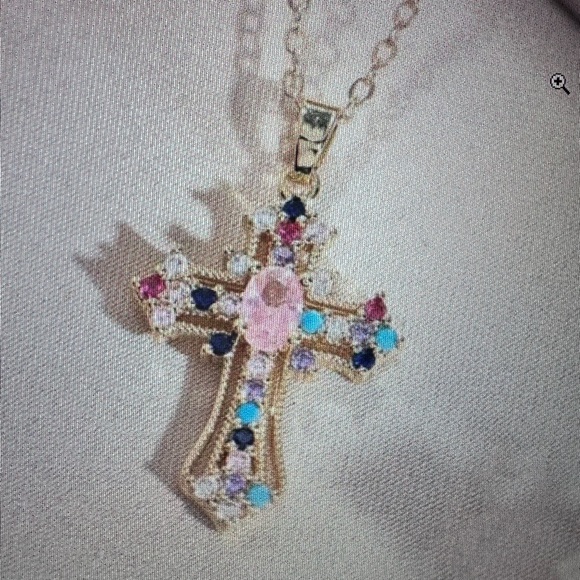 Cubic Zirconia Multi-Color Cross a Faux Gold 15..7” to 17.7” Adjustable Chain - Picture 3 of 7